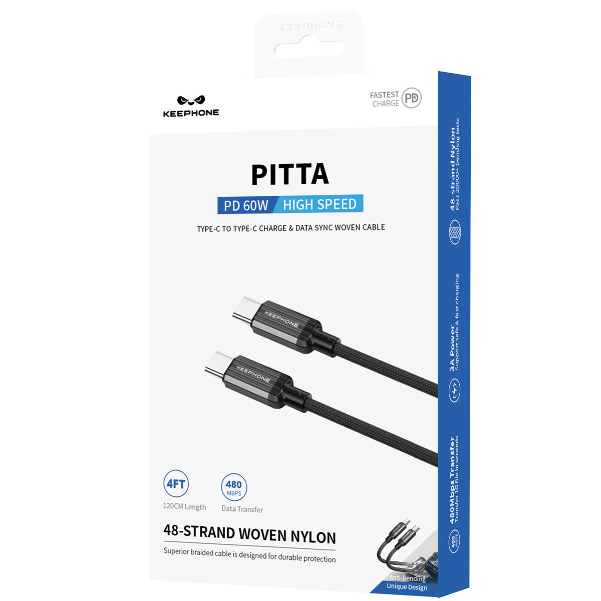 Pitta 1.2M 60W Örgülü Type-C to Type-C PD Şarj Data Kablosu