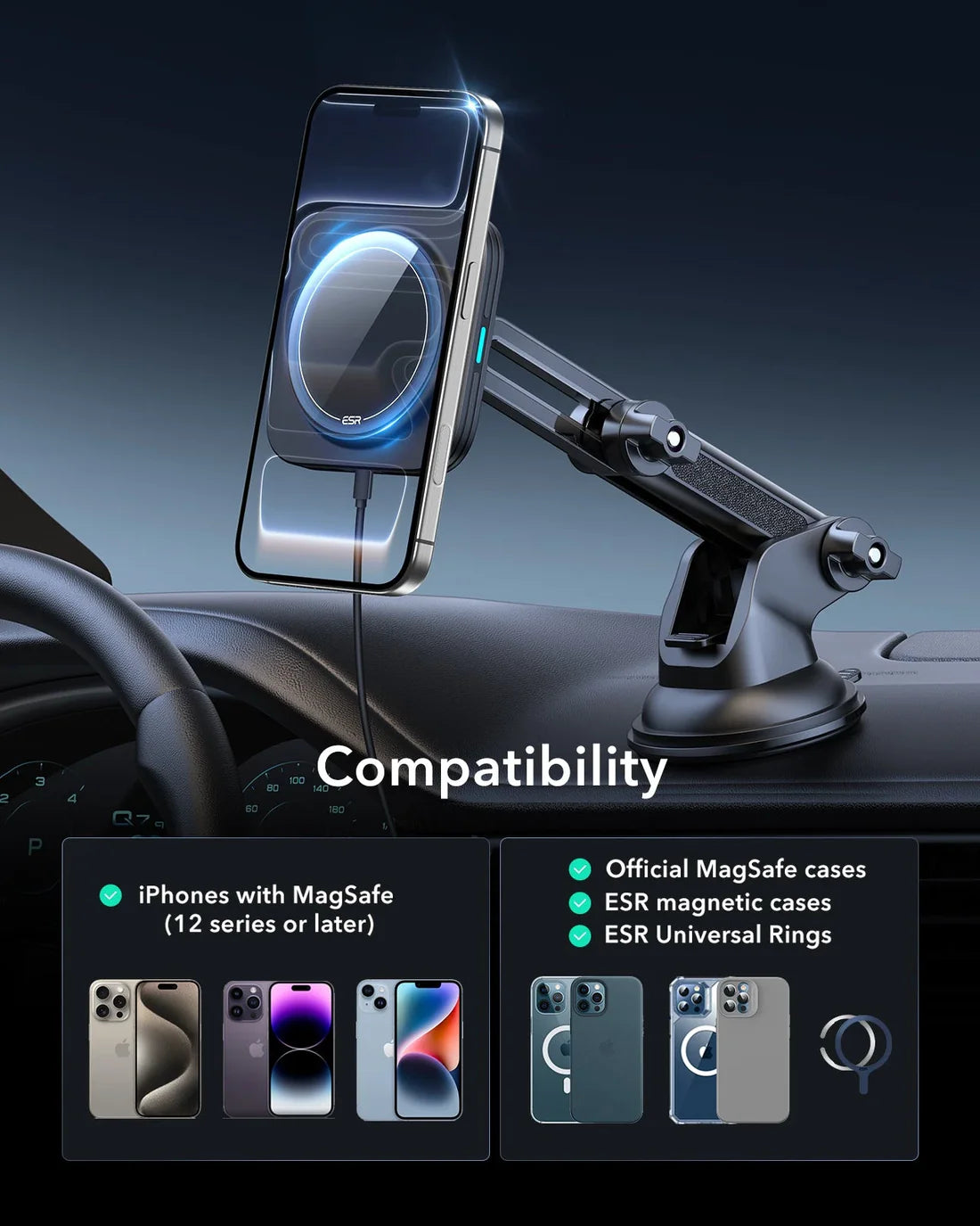 HaloLock Qi2 15W Vantuzlu Araç İçi Telefon Tutucu