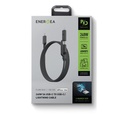 Flow Duo 2in1 1.5M 240W Type-C to Type-C ve Lightning PD Kablo